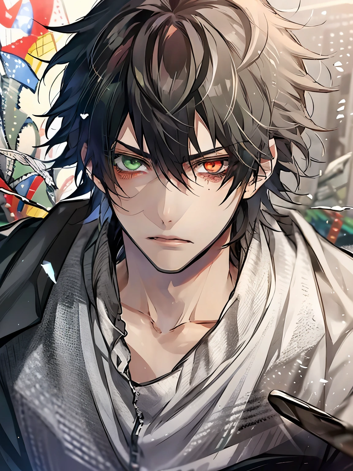 yamada ichiro\(hypnosis mic\),(highest quality)),Red eyes, bangs, Black Hair, Heterochromia, Green Eyes,((Pieces fly)), Perfect Face,((1 male)),alone,Man in his 20s,a handsome guy,