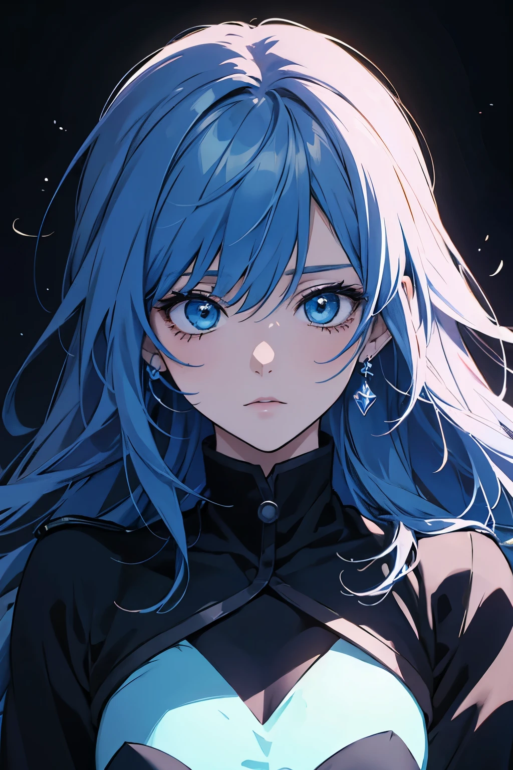 anime representation, Create a drawing that represents love mixed with obsession, use dark colors and bright blue.