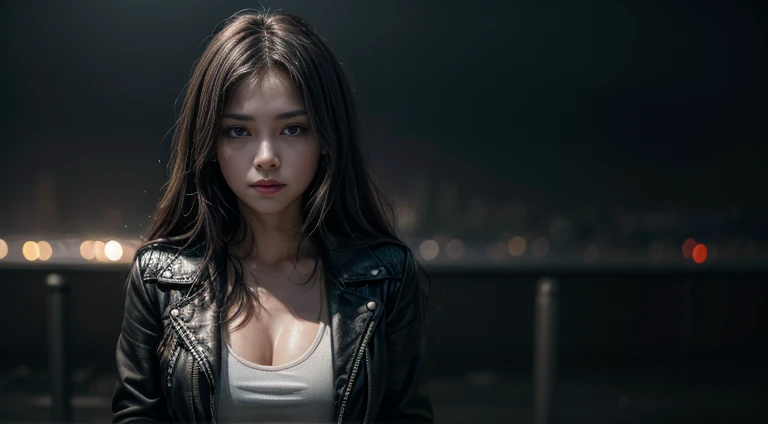 Original photo, (highest quality:1.3), High resolution, (masterpiece), (real:1.4), Professional photography, Sharp focus, High Dynamic Range, 8k resolution, Intricate details, Exquisite detail, Depth of written boundary, Highly detailed CG synthesis 8k wallpaper, masterpiece，Poster，highest quality，Official Art，（Beauty and aesthetics：1.2），（masterpiece：1.3），City of the Future，girl，Slender figure,Cleavage,leather jacket，White tank top，looking at the camera，（Mid-range lens：1.8），Volumetric Fog，rain，night，dramatic