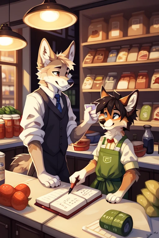 full body，Male，coyote，grocer，old time grocery store，White apron with green checkered sleeves and blue tie，Groceries on shelves in background，notebook，In the old time grocery store，There are cans on the shelf at the back，There is an old time cash register on the counter，old time incandescent lamp，There is an old-fashioned steelyard on the counter, ((by keihound, by reysi)), by Zackary911, by hyattlen, by fumiko, by fluff-kevlar, Furry, Anthro,