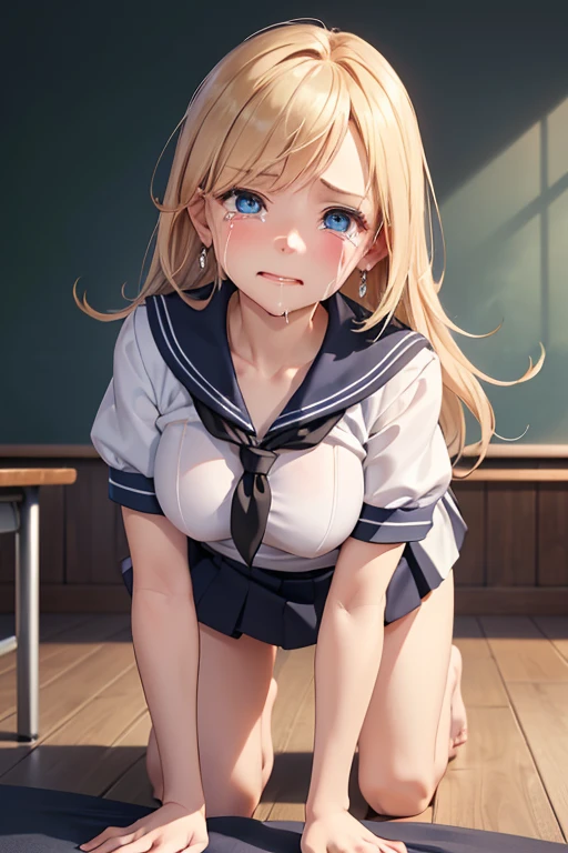 Very detailed CG Unity 8K wallpaper, Cute One lady, Mature Hair、lady ,beautiful lady, pale skin (Super masterpiece, Beautiful person, well detailed face polluted smile, Photorealistic, hyper realisitic), Perfect hands、Five fingers、Perfect hands、Perfect legs、Perfect toes、
((20year old、Sailor suit with very short sleeves、Black Sports Bra、Blue short skirt、Best Bust、(Bust 85cm)、(middle breasts)、
a blond、Long Hair、Blue eyes、open chest wide、Happiness、Black wristband on wrist、A slender、Shy face、earrings、all fours pose,Get closer to your audience、The gesture of pulling up the hair))、(Crying face:1.7)、
hiquality、visualart、Romance movie style、
(After-school classroom))、