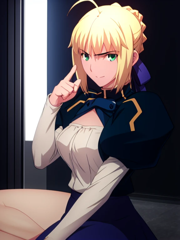 best quality, masterpiece, highres, realistic, detail, ray_tracing_graphic, solo, adult_female, {saber_fatestaynightufotable:1.15}, 1girl, blonde_hair, little_ahoge, green_eyes, blue_ribbon, anime_coloring, detail_full_body, detail_eyes, detail_skin, detail_background, detail_hair, happy, five_fingers, detail_finger, blush, large_breasts, white_shirt, blue_skirt,, from_the_front, house, night_time, looking_at_viewer, oily_skin, oily_face