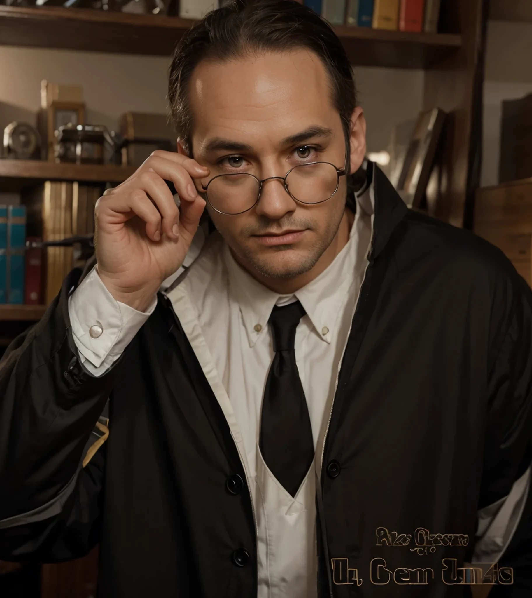 Soviet scientist, adult man, semi-bald, short black hair, wears scientist's clothes, white scientist's apron, wears glasses, is in a library, Ultra detailed, hyper realistic, 4k, Ultra detailed image, realistic, Highly detailed, perfect composition, Splendid, Intricately detailed, Incredibly detailed, 8K fine art photography, hyper detailed, Masterpiece, Ultra detailed, hyper realistic, 4k, Ultra image detailed, realistic, highly detailed, perfect composition, gorgeous, intricately detailed, incredibly detailed, 8K fine art photography, hyper-detailed, masterpiece
