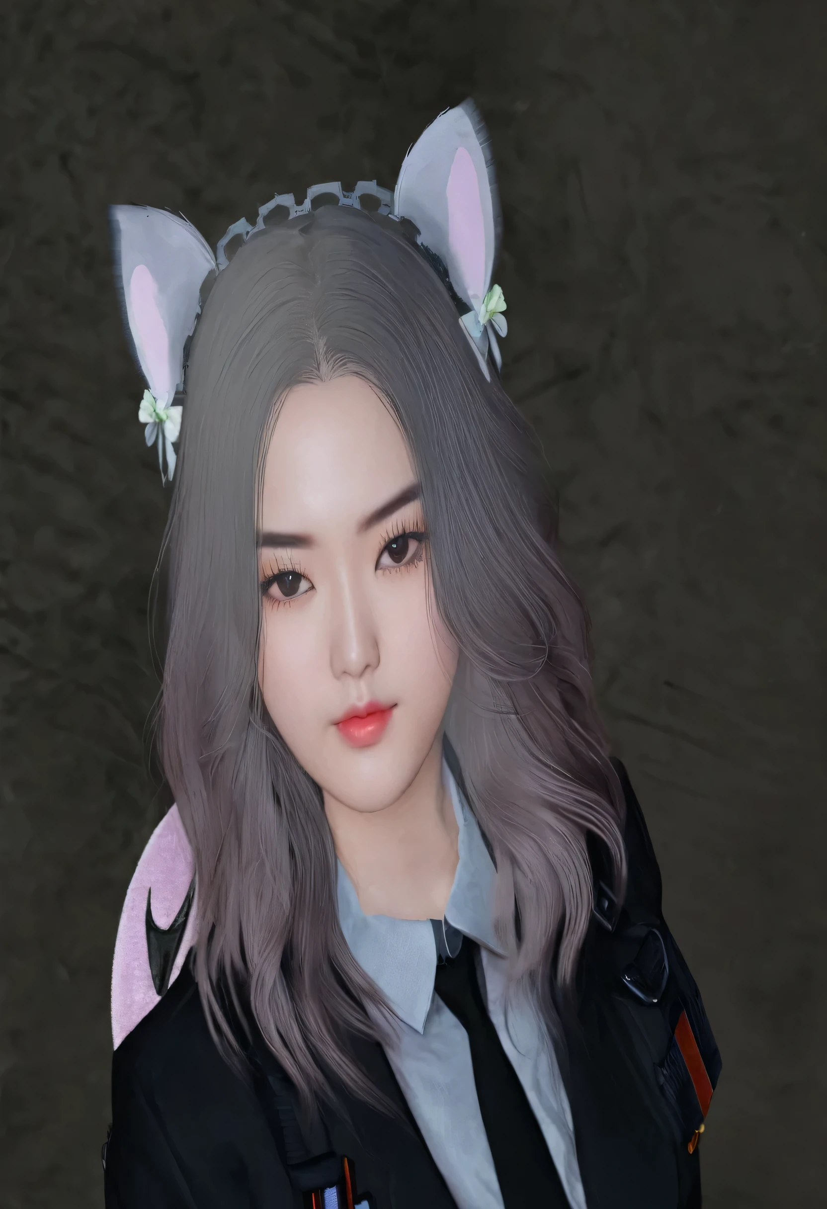describe a man with black hair like korean style , thick eyebrows, a Korean-style face with black glasses, a small tattoo on his neck, a sado-style Korean body, a black shirt like a policeman, sitting on a royal-style sofa and a woman with black hair and curls, gray eyes, a cute face shape, wearing black queen-style clothes while hugging the man. and black background