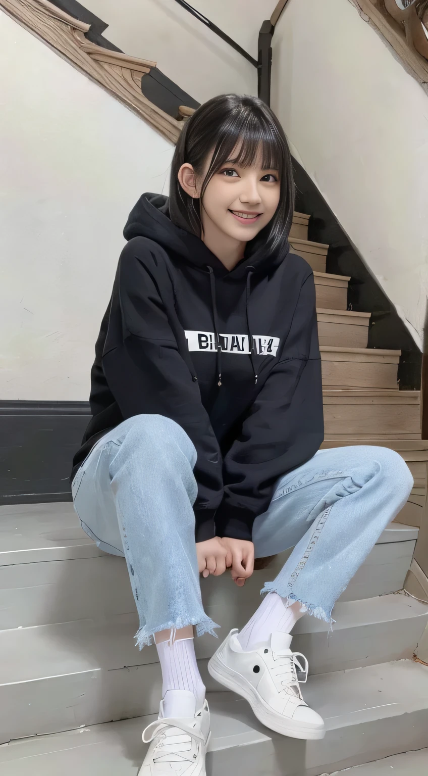 highest quality, Realistic, Very detailed, Finer details, High resolution, 8k wallpaper, One beautiful woman,Sit on the stairs、（Wear black socks）smile、（Beautiful teeth alignment、）（Gums are visible） Oversized hoodie, Skinny jeans,（ Black sneakers）、Black Hair、 Beautiful Bangs、ear piercing、Perfect dynamic composition, Beautiful and detailed, Full Body Shot, A big smile wearing colorful socks