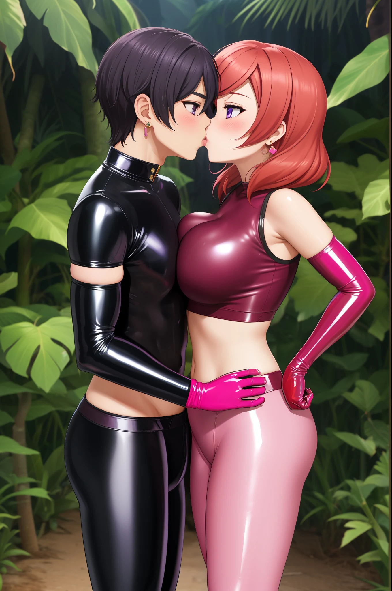 masterpiece, best quality,8k wallpaper, 1boy, 1girl, nishikino maki, purple eyes, (pink tight crop top), breasts ,elbow gloves, (pink latex leggings),in jungle , (standing), earrings , blushing ,Couple ,facing each other,kiss