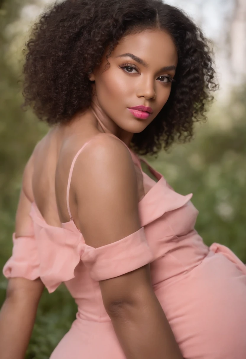 tout le corps ,real black woman with curly afro hair and with beautiful green eyes , pink lips, teint claire,elle sourit, elle est sexy avec de grosses fesses ,elle est debout dans un salon, Elle a 30 ans, she weighs 160 kilos and measures 1m72, elle porte une belle robe rouge courte de nuit,