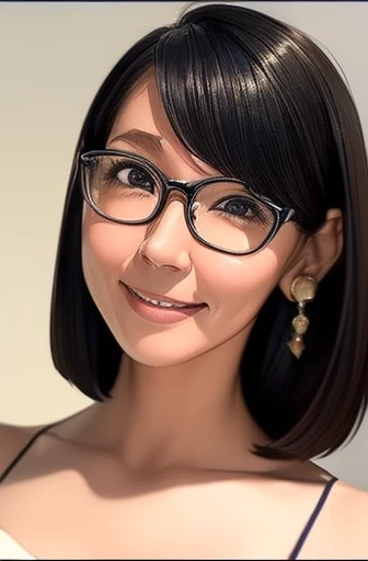 (masterpiece), (8k, best quality, high resolution), (ultra-detailed, realistic), (anatomically correct),  
((face close-up)), (Standing), (No background),
(1woman),  (looking at viewer), 
(A Japanese woman, 30 years old and 155cm tall.), 
(black hair), (straight hair), (short hair style), (bob cut), (hair behind ears), 
(wear glasses), ((black cell frame glasses)), 
((Wear a navy blue spaghetti strap dress)), (Mini length dress with simple design), 
(Create a detailed image of the eye), 
(Her impression is pure, clean and kind.), 
((A captivating smile, just showing a few teeth.)), 　 
