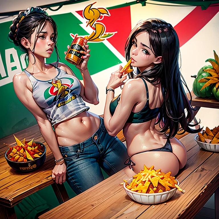 Mexican woman eating tacos, Mexican food stall tortillas and nachos Tight tank top and hot pants highest quality Tequila and Corona beer on the table String Panties I can see your pants