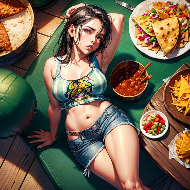 Mexican woman eating tacos, Mexican food stall tortillas and nachos Tight tank top and hot pants highest quality Tequila and Corona beer on the table String Panties I can see your pants