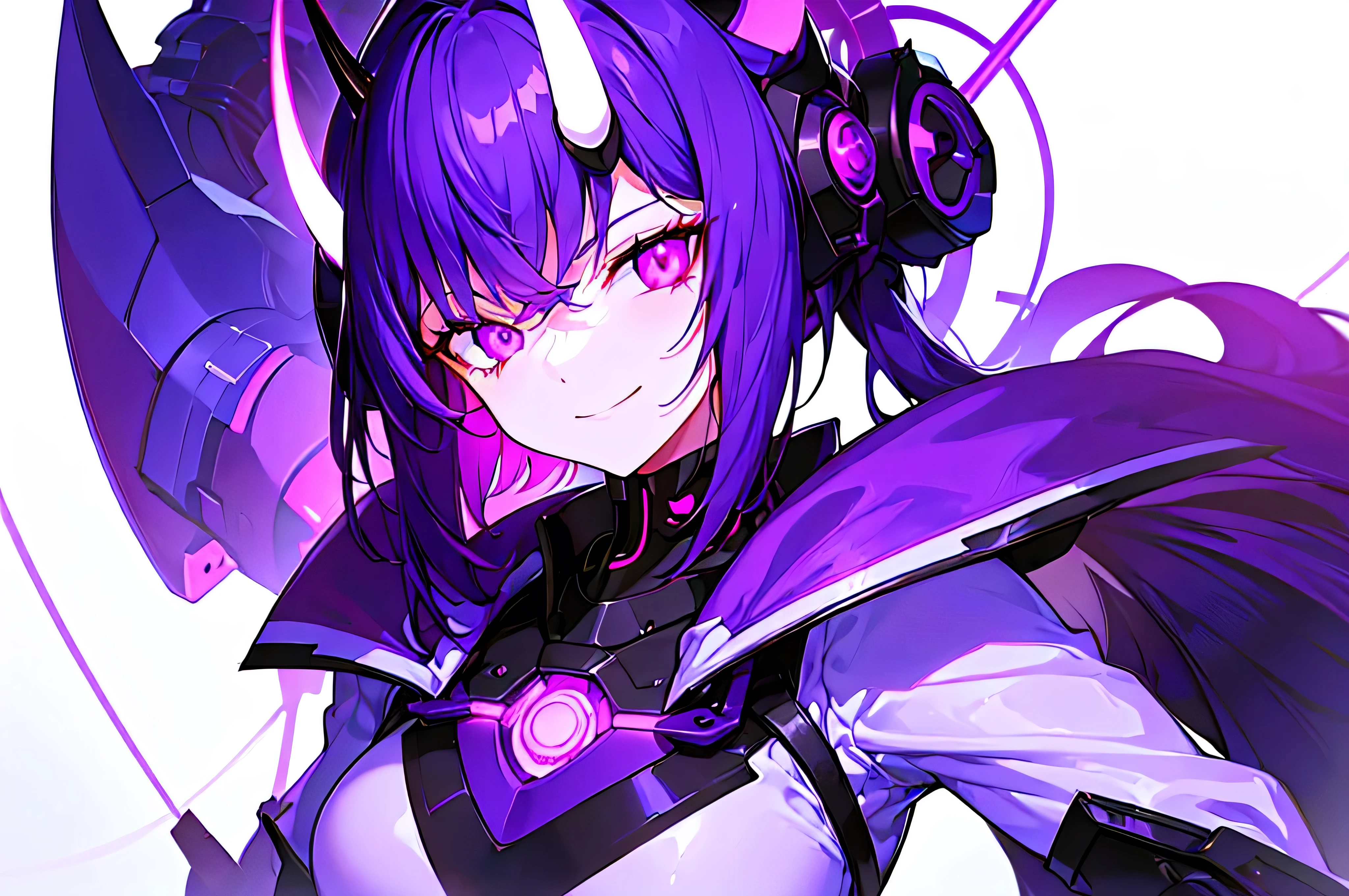 [(WHITE BACKGROUND:1.5),::5], masterpiece, absurdres, best quality, 1girl, solo, short Black hair, Purple color eyes, science fiction, (mecha musume:1.2), (upper body), mechanical parts, headgear demon horn, (Purple inner color hair), (Purple Neon light), ((evil smile)),