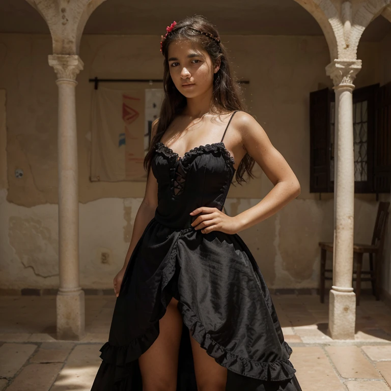 Ultra Realistic photo of a Spanish girl isabella, , who dreams about her future in spain and at the same time fear and sadness, wearing a revealing black flamenco dress , red carnation in her hair above the left ear, full body view in old Spanish ranch , Spanish flags in background, rapier in right hand,