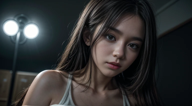 Original photo, (highest quality:1.3), High resolution, (masterpiece), (real:1.4), Professional photography, Sharp focus, High Dynamic Range, 8k resolution, Intricate details, Exquisite detail, Depth of written boundary, Highly detailed CG synthesis 8k wallpaper, masterpiece,Poster,highest quality,Official Art,(Beauty and aesthetics:1.2),(masterpiece:1.3),City of the Future,girl,Slender figure,Cleavage,Military jacket,White tank top,looking at the camera,(Mid-range lens:1.8),Volumetric Fog,rain,night,dramatic