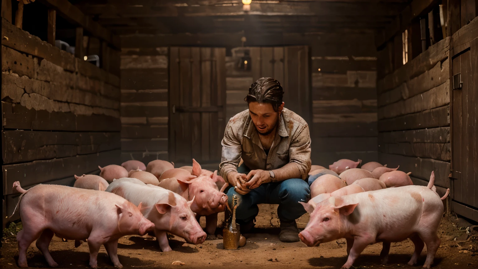 (young Jewish man feeding several adult pigs in a pig pen, extremely sad, crying, ancient Judea, heartbreaking scene), (oil painting), (vibrant brush strokes, detailed textures, rich colors), (best quality, 4k resolution, high resolution: 1,2), (emotional, touching, dramatic, crying, crying), (warm tones, earth colors), (soft, diffuse lighting)
