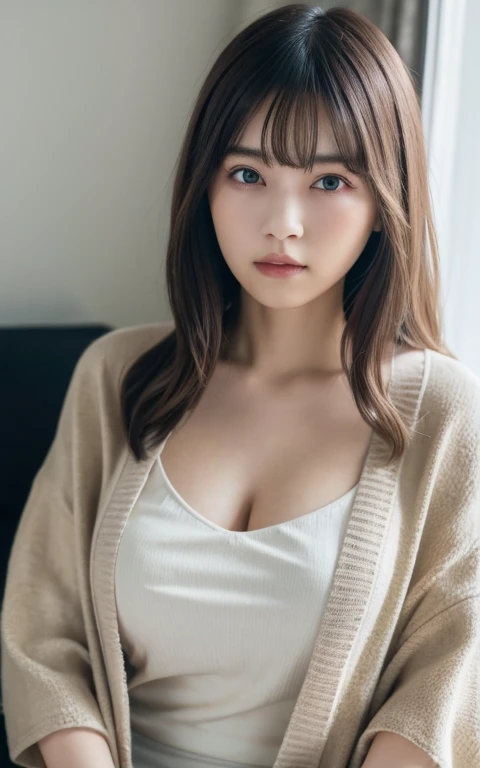 masterpiece, highest quality, 8k, 20th Generation, Large Breasts, cute, alone, sad, cute, Girlish, Delicate girl, Pure beauty, RAW Photos, Professional photography, Portraiture, Soft Light, Professional Lighting, Backlight, Head to Knee, avert your eyes, Sophisticated, Film Grain, (Eyes and facial details:1.0), Short floating hair, Beautiful, flowing hair, bangs, (Loose cardigan(Beige))、(Large Breasts:1.0)、You can see a little cleavage、Micro Mini Skirt、Voluptuous thighs、Dolly Makeup、Color Contact Lenses、One green eye、The other has blue eyes