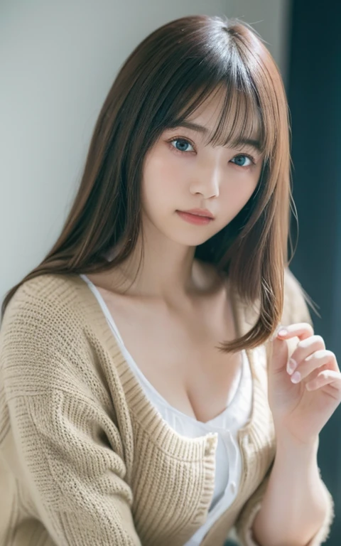 masterpiece, highest quality, 8k, 20th Generation, Large Breasts, cute, alone, sad, cute, Girlish, Delicate girl, Pure beauty, RAW Photos, Professional photography, Portraiture, Soft Light, Professional Lighting, Backlight, Head to Knee, avert your eyes, Sophisticated, Film Grain, (Eyes and facial details:1.0), Short floating hair, Beautiful, flowing hair, bangs, (Loose cardigan(Beige))、(Large Breasts:1.0)、You can see a little cleavage、Micro Mini Skirt、Voluptuous thighs、Dolly Makeup、Color Contact Lenses、One green eye、The other has blue eyes
