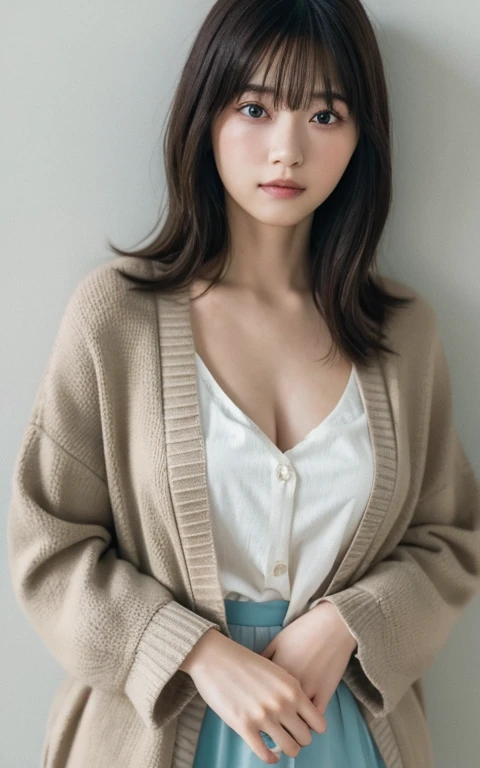 masterpiece, highest quality, 8k, 20th Generation, Large Breasts, cute, alone, sad, cute, Girlish, Delicate girl, Pure beauty, RAW Photos, Professional photography, Portraiture, Soft Light, Professional Lighting, Backlight, Head to Knee, avert your eyes, Sophisticated, Film Grain, (Eyes and facial details:1.0), Short floating hair, Beautiful, flowing hair, bangs, (Loose cardigan(Beige))、(Large Breasts:1.0)、You can see a little cleavage、Micro Mini Skirt、Voluptuous thighs、Dolly Makeup、Color Contact Lenses、One green eye、The other has blue eyes
