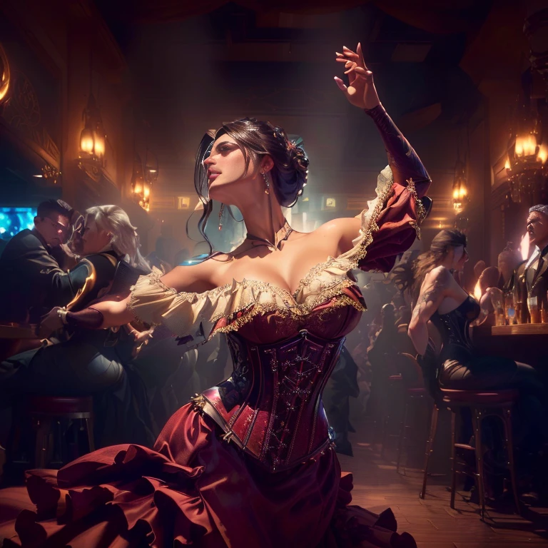 A woman in a corset dress is dancing at a bar, Saturday night、In the salon, Michael Horse (Unreal Engine, Art Nouveau octane rendering, Miss Angel, Galen Dala, Alexander Kucharsky, by Antoni Brodowski, By Adam Marcinski, By Matthias Kollroth, by Jason Felix