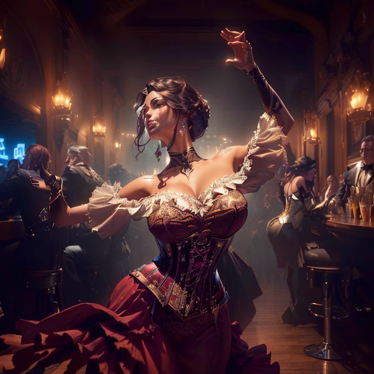A woman in a corset dress is dancing at a bar, Saturday night、In the salon, Michael Horse (Unreal Engine, Art Nouveau octane rendering, Miss Angel, Galen Dala, Alexander Kucharsky, by Antoni Brodowski, By Adam Marcinski, By Matthias Kollroth, by Jason Felix
