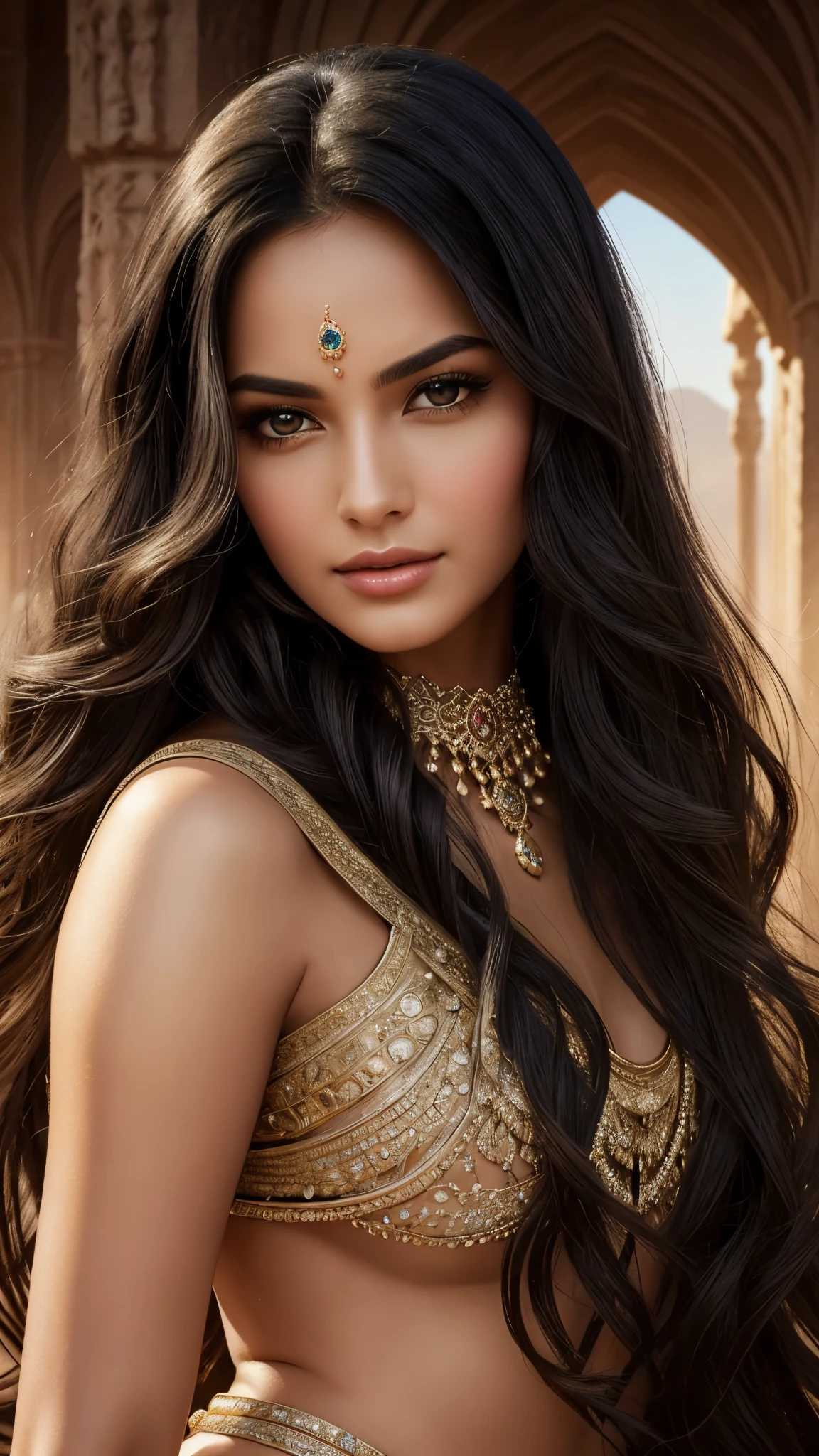 An elegant and charming queen, Elegance in charm: Her timeless beauty is enhanced by meticulously crafted jewellery, Soft waves cascade down her long black hair, and charming, The burning eyes hold the secrets of countless sunlit desert days. This tempting picture, A stunningly detailed painting, Exudes sexiness and mystery, Let the audience enter a world full of ancient magic and irresistible charm.