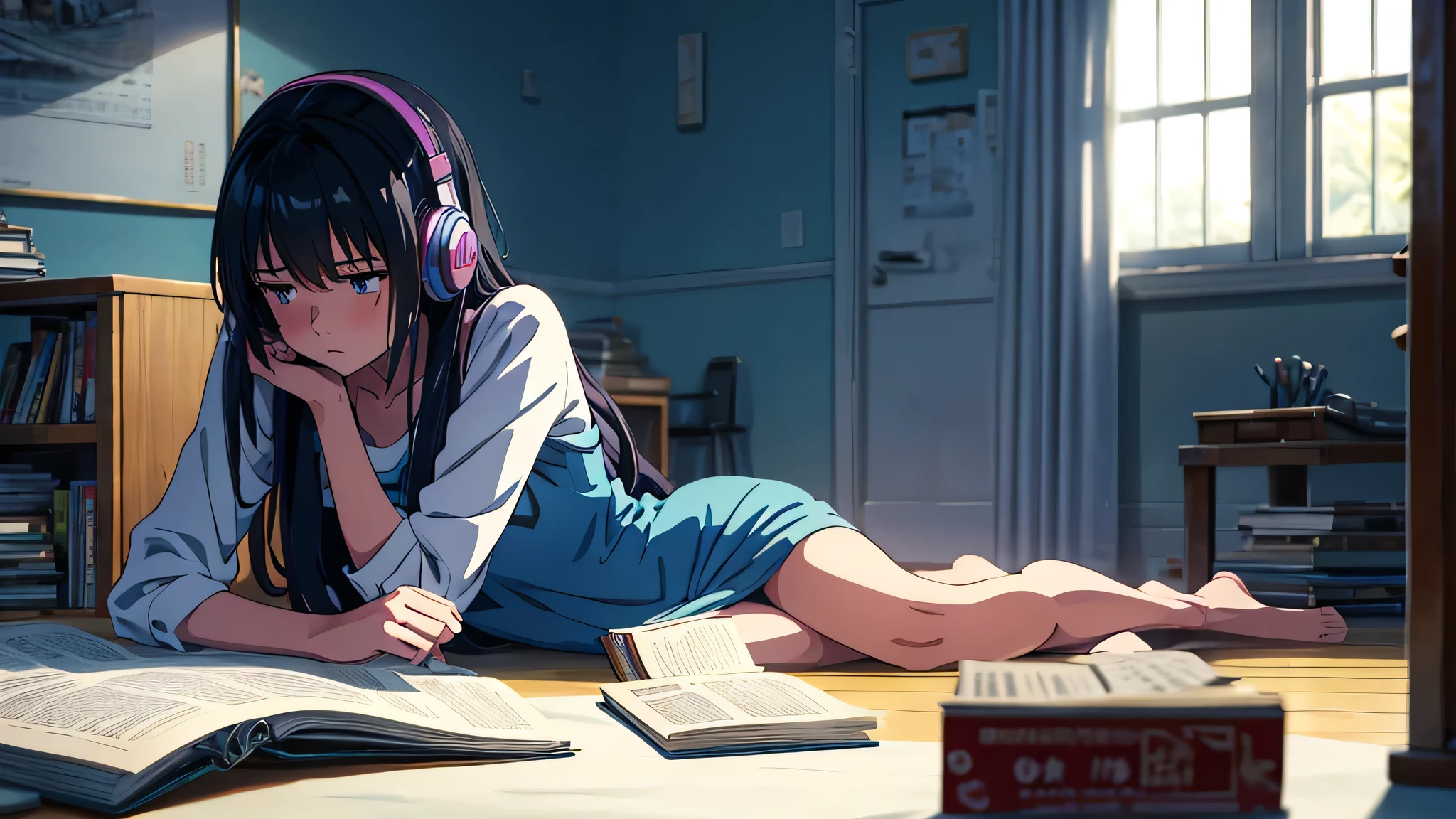 a background image featuring an anime-style cartoon girl depicted in her bedroom, immersed in reading a book while wearing headphones. The scene should convey a mood of sadness and melancholy, with cool colors such as purple and blue dominating the palette. The girl should be portrayed sitting or lying down in a relaxed position, with her posture reflecting introspection and solitude. Aim for a composition that captures the somber atmosphere of a quiet moment spent lost in thought, with subtle details that enhance the emotional depth of the scene