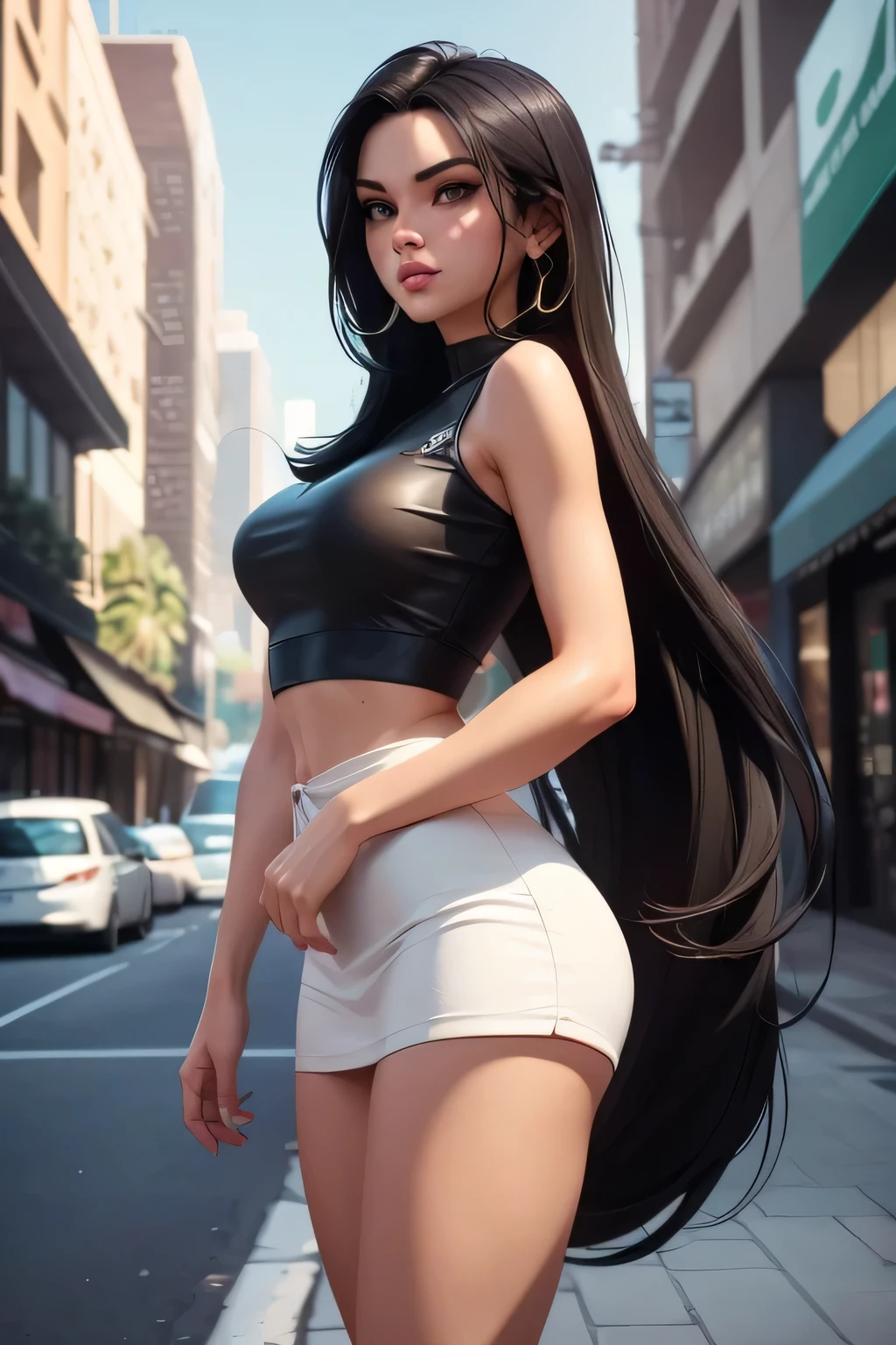 anime, 28 year old woman, taking a selfie, mischievous smile, long hair, dark hair color, stylish hairstyle, side hair long lush hair, long curls of hair pulled to the sides, Braids within the hair, curvy body, proportional body, sexy girl, beautiful mature girl, lovable character, crop top, short skirt, clarity, detailed, detailed face, very detailed drawing, smile, flirty look, city background,  saturated background, perfect composition, soft natural volumetric cinematic perfect light, masterpiece