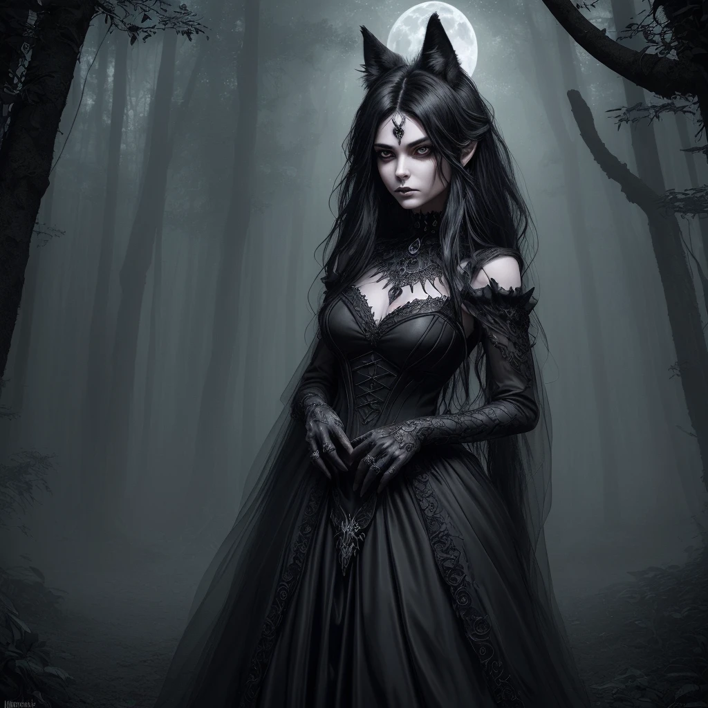A captivating, hyper-realistic 8k illustration of a dark-haired, gothic-inspired girl, anthropomorphically transformed into a wolf. It is represented with elegant and fluid lines and nuances., con una mirada sensual y misteriosa. The young wolf is adorned with intricate Gothic jewelry and wears a light and transparent dark dress that highlights her sensual and exciting figure.. She finds herself in the middle of a dark and mystical forest, con la luna proyectando un brillo plateado sobre ella. The overall atmosphere exudes a sense of dark fantasy and charm. Tiene pechos deliciosos y jugosos, as well as defined and seductive hips.