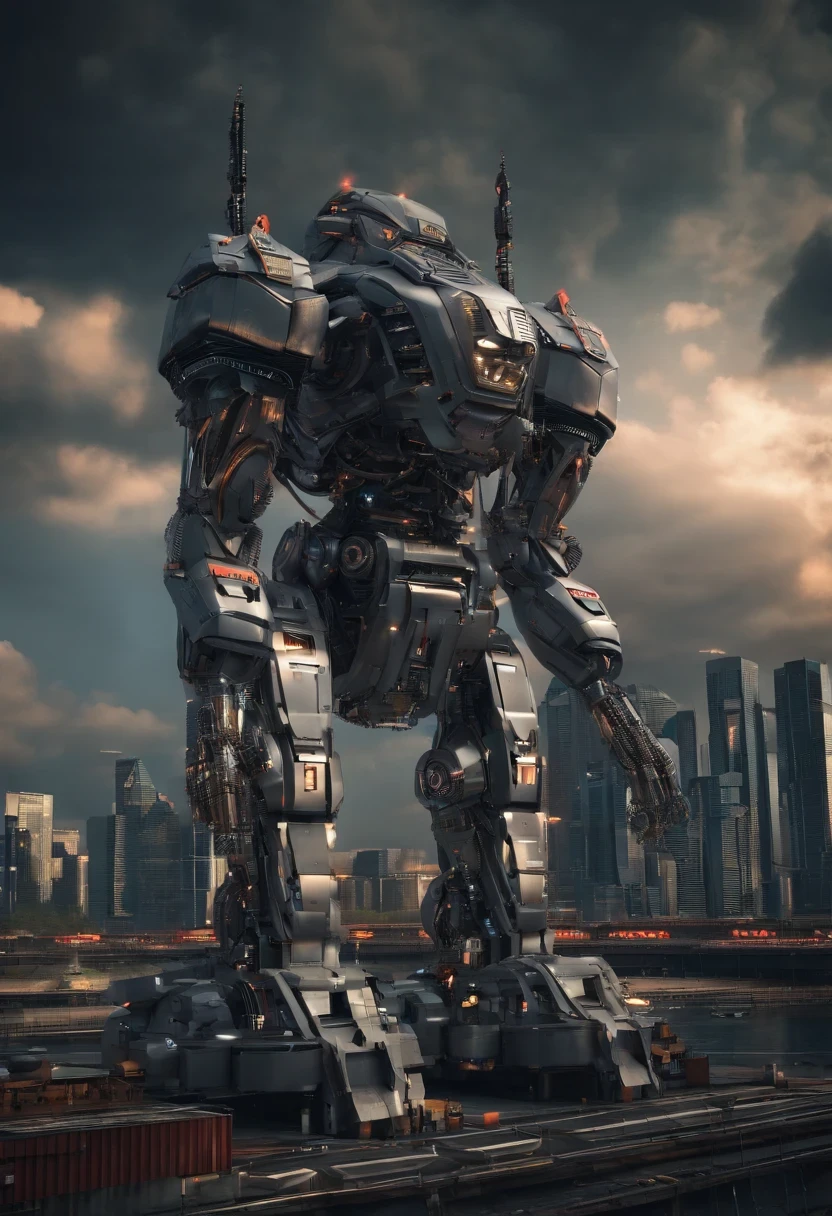 The robot titan is huge, dominant ses environs. Son corps est majoritairement métallique, au design futuriste et imposant. The robot&#39;s chest houses a glowing core that emits pulsing energy, lui donnant une apparence puissante et redoutable.