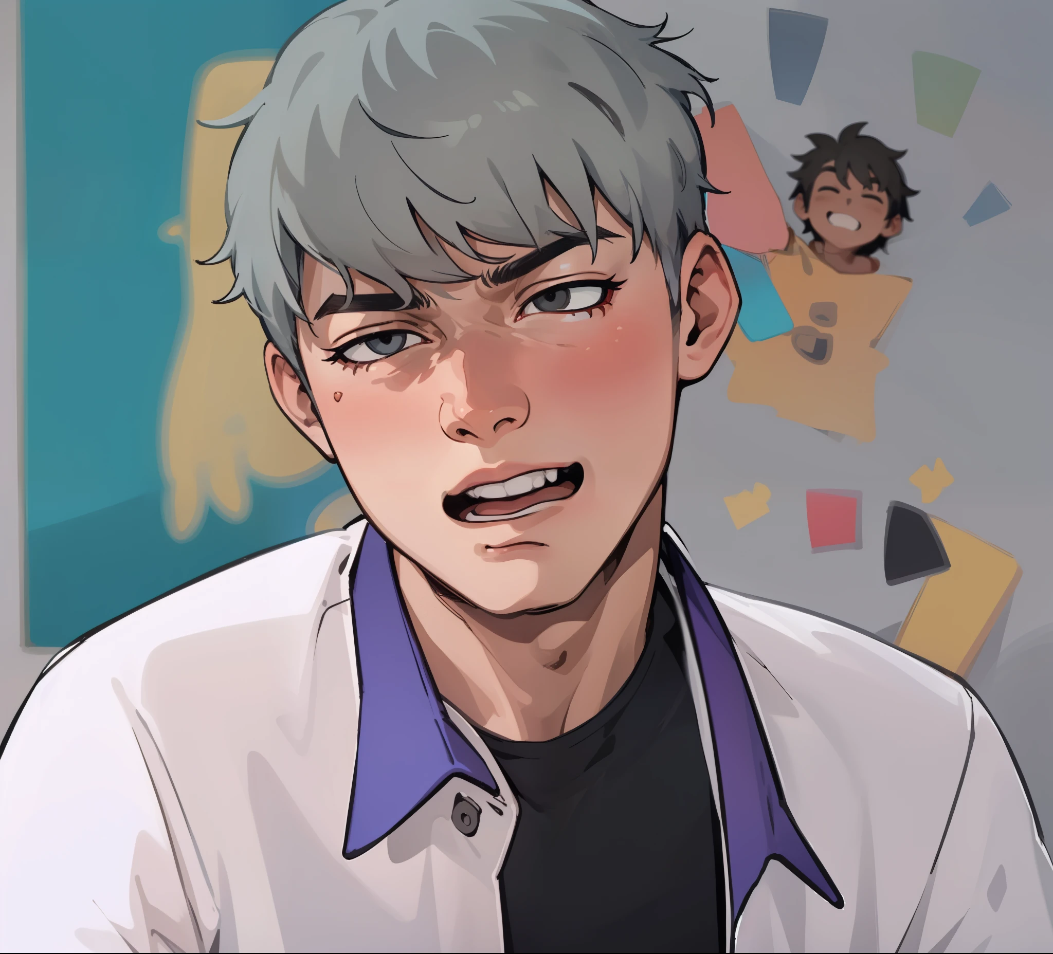 cute young man of 18 years old gray hair stretches his arm and his hand tries to reach and save someone