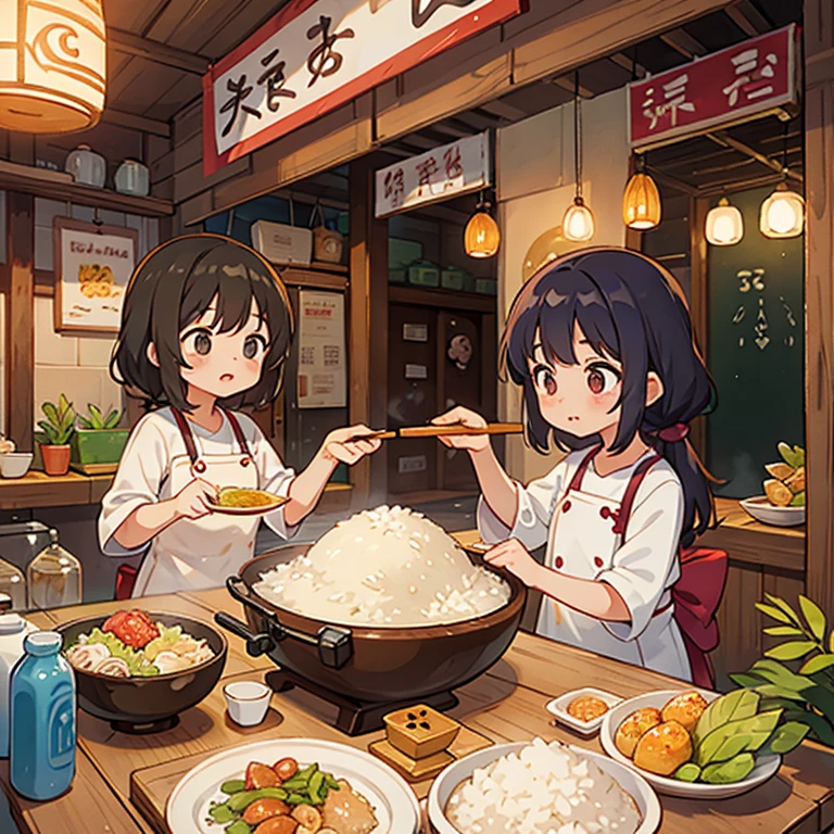 Girls making gapao rice at a Thai food stall