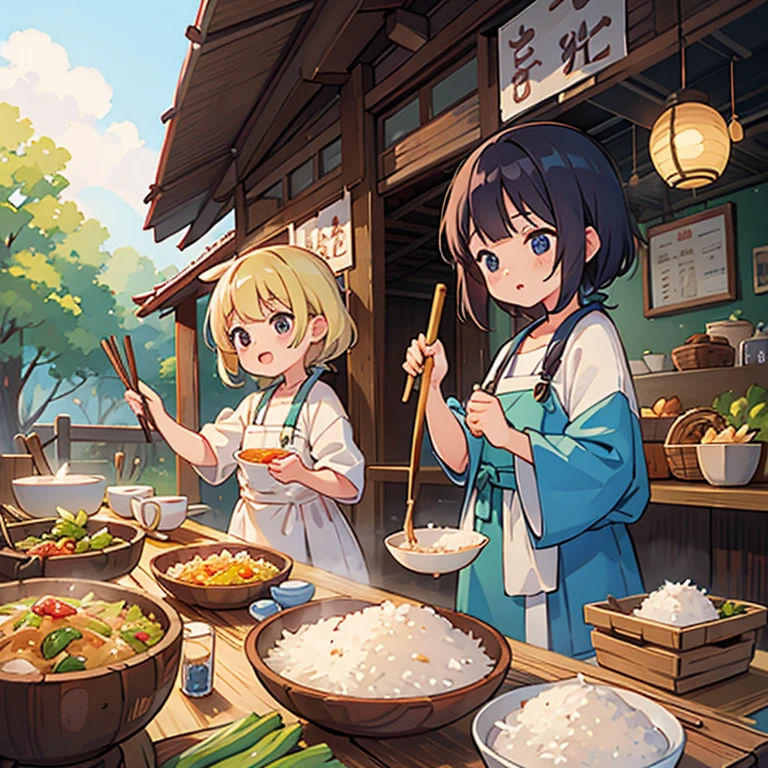 Girls making gapao rice at a Thai food stall