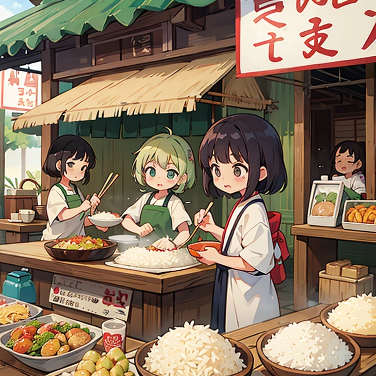 Girls making gapao rice at a Thai food stall