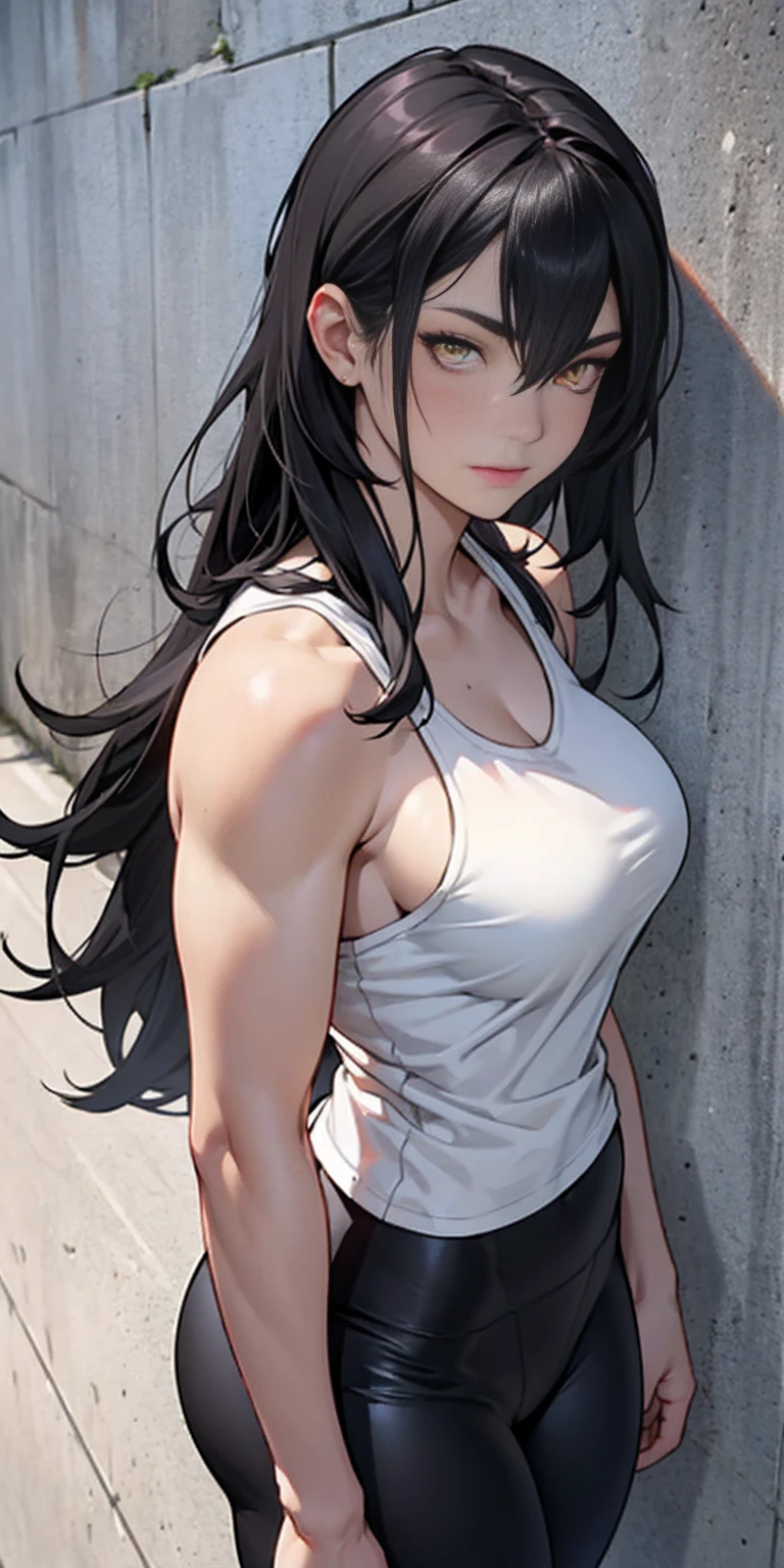 black hair, very long hair, yellow eyes, thick thighs, large breasts, (muscular), pale skin, leggings, tank top, 1 girl