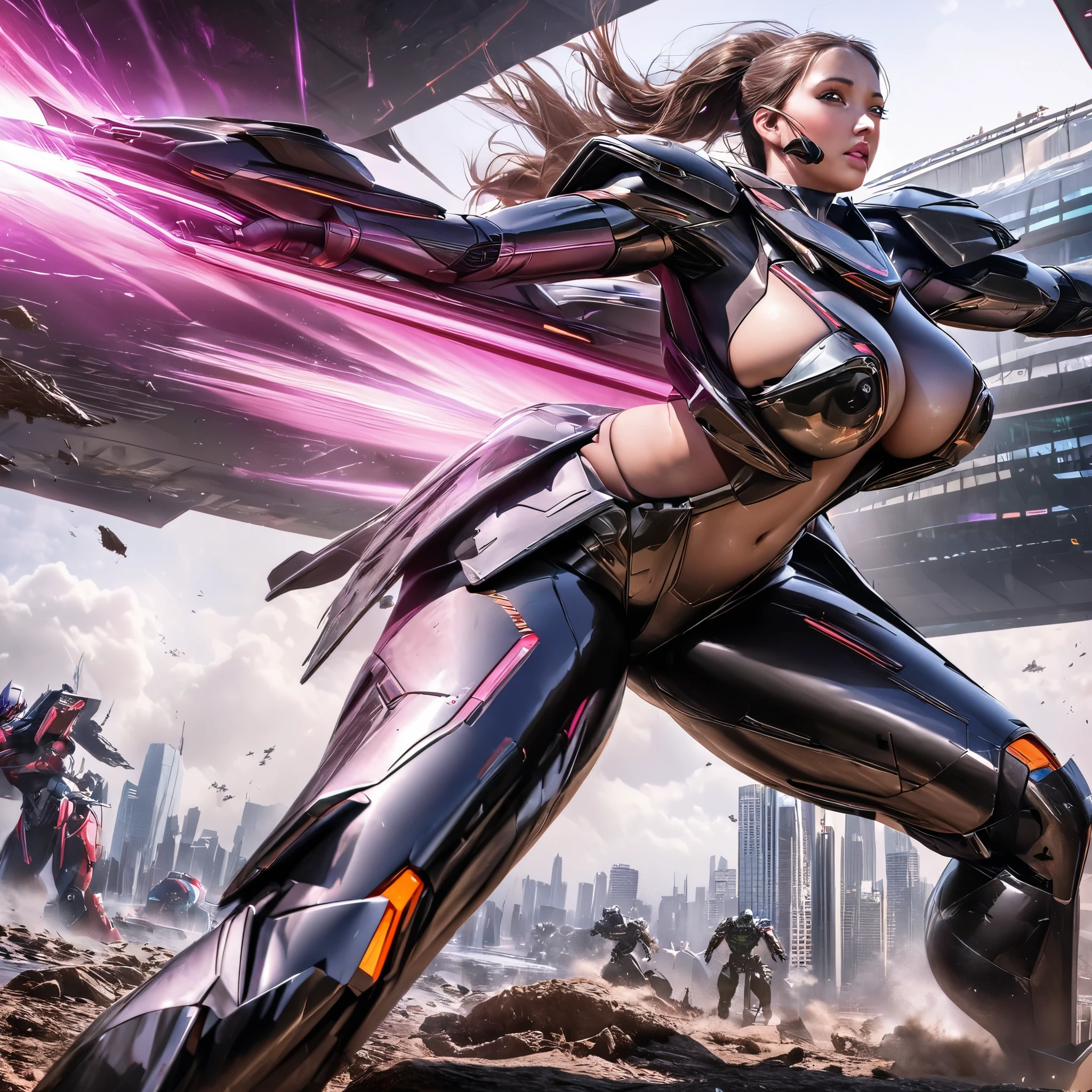 (best quality,4k,8k,highres,masterpiece:1.2),ultra-detailed,(realistic,photorealistic,photo-realistic:1.37),cute woman,beautiful detailed eyes,beautiful detailed lips,extremely detailed eyes and face,longeyelashes,girl in a garden,mounting into her mecha combat armor (beautiful, sleek, futuristic),sexy skin tight high tech pilot suit (revealing),(matching the colors of the mecha armor),open mecha armor,enveloping her,cityscape,powerful mecha suit,advanced technology,glowing neon lights,high-rise buildings,towering skyscrapers,bustling streets,people in futuristic clothing,futuristic vehicles (flying cars,hoverbikes),mecha combat in progress,action-packed scene,dramatic lighting,high contrast,colorful lights,unleashing energy beams and projectiles,explosions and debris,fierce battle,adrenaline pumping,thrilling moment,electrifying atmosphere,artistic masterpiece,professional digital art,sci-fi concept artists.