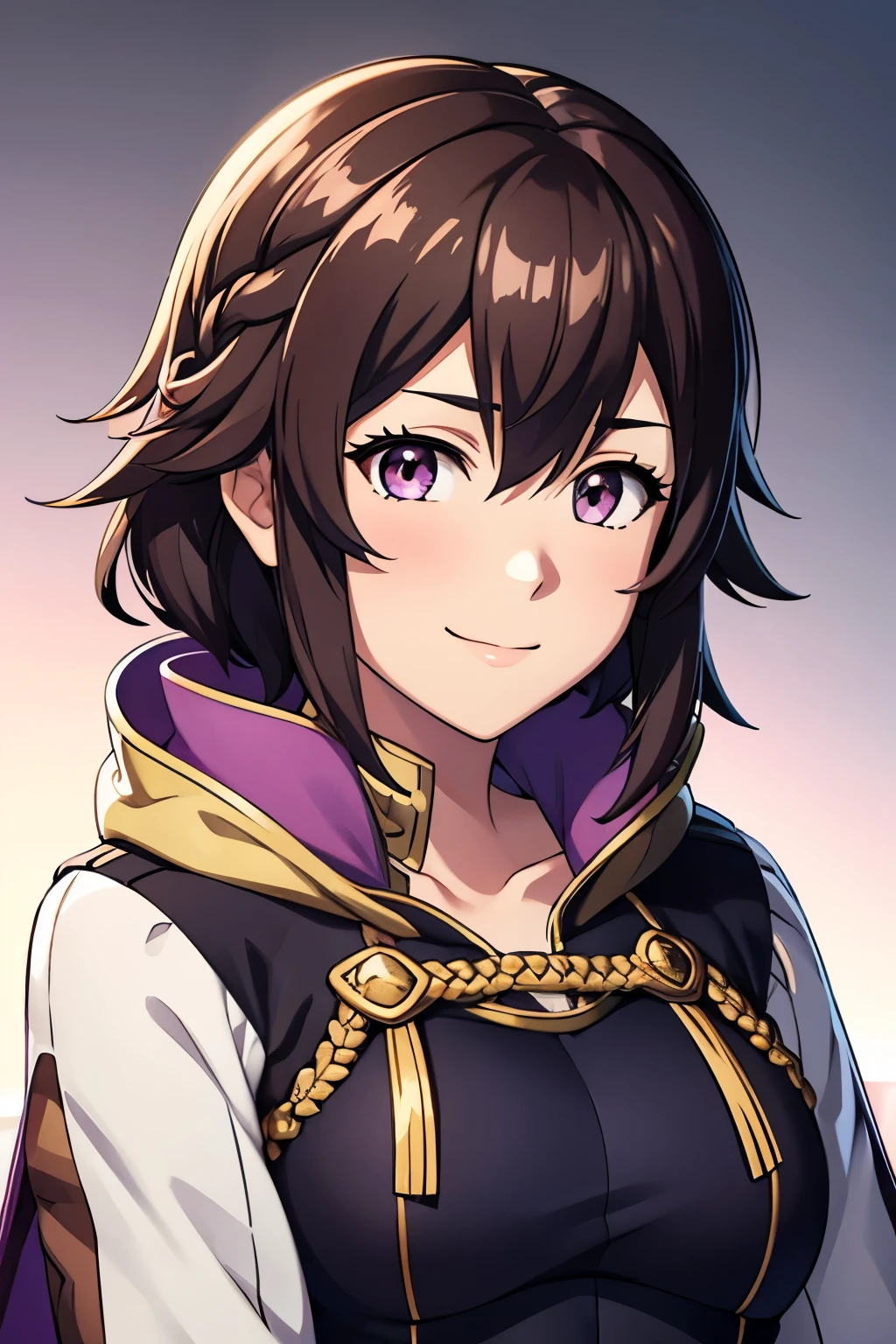 (high-quality, breathtaking),(expressive eyes, perfect face) 1girl, female, solo, portrait, Fire Emblem Awakening, Symmetrical Eyes, white background, Robin (Fire Emblem: Awakening), dark Brown hair color, short hair length, messy wavy hair, hair ornament, upper body, pink eyes, Black and purple robe, gold trim, hood, white shirt, brown belt, tomb, positive expression, cute smile, detailed eyes, adorable face, short height, Arms down, female robin (fire emblem), dark brown hair, braided bang, ribbon in hair, character portrait, character sprite
