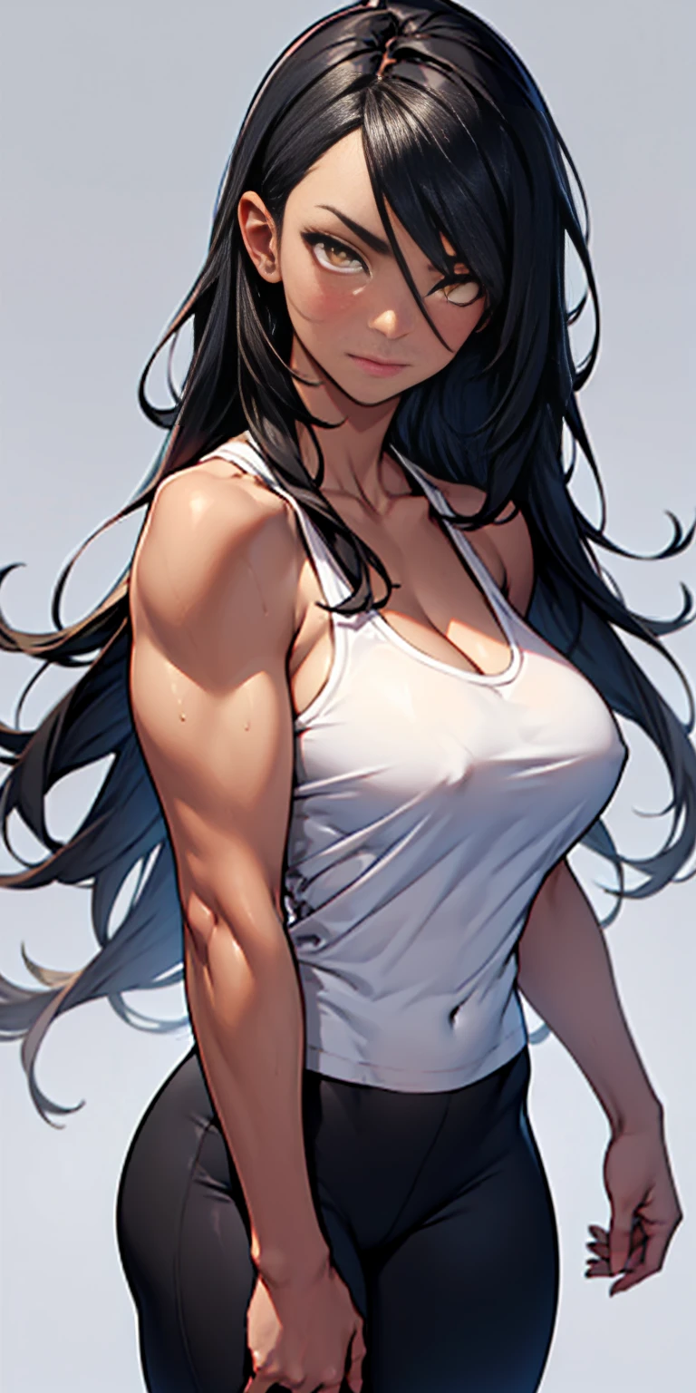 black hair, very long hair, yellow eyes, thick thighs, large breasts, (muscular), pale skin, leggings, tank top, 1 girl