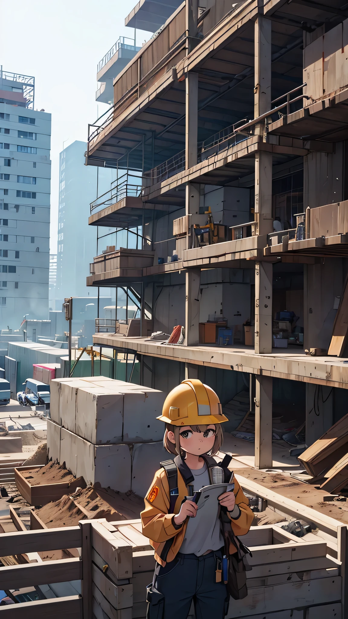 Girl at the construction site, wear long sleeve shirts, cargo pants, Safety Helmet, and holding a A powerful method in her hand.

(High resolution,4K,highest quality:1.2),Very detailed,(Realistic:1.37),Large construction site,Professional,Industrial Lighting,Vibrant colors,Bokeh,Gritty atmosphere

[Construction worker], [Urban], [Dynamic pose], [A powerful method], [Safeguards], [concrete], [crane], [Dust and debris], [Blueprint], [Construction Machinery], [Steel beam], [Helmet], [Work gloves], [scaffold], [Construction site signage], [Noise and activity], [Yellow caution tape], [Sunlight and shadow], [Busy workers], [Dirt and mud], [Construction Vehicles], [Diligent]

This Professional prompt、We hope it helps you create beautiful, detailed images of girls working on construction sites.。.