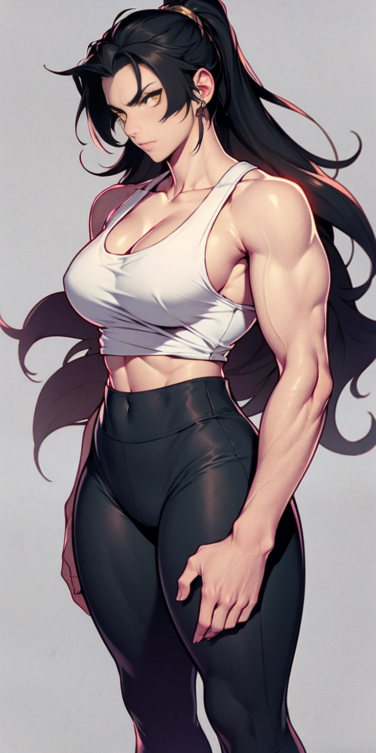 black hair, very long hair, yellow eyes, thick thighs, large breasts, (muscular), pale skin, leggings, tank top, 1 girl