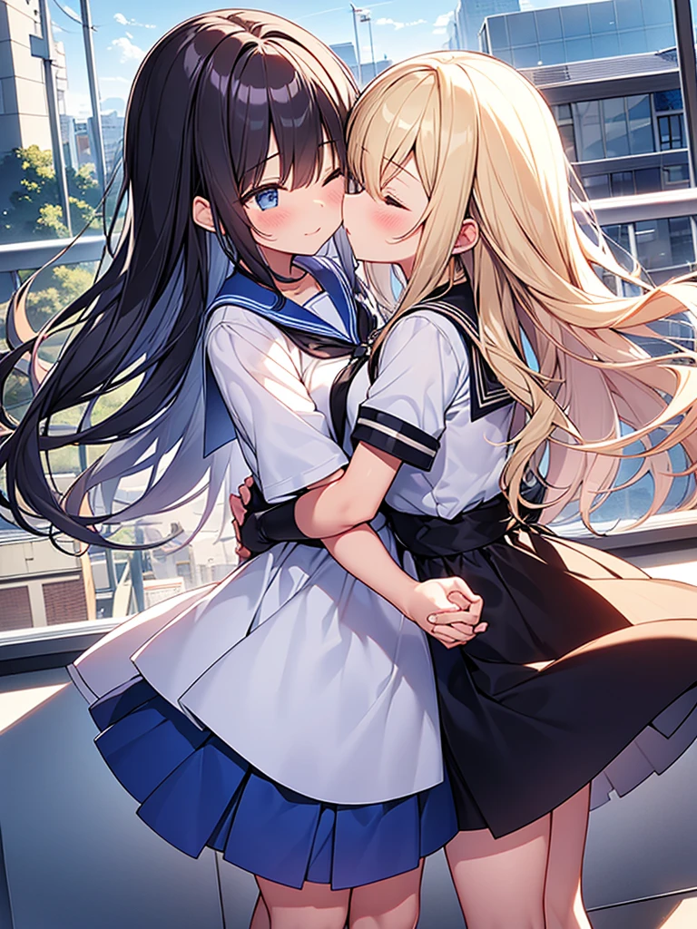 Tabletop, highest quality,figure, wallpaper, Super detailed, Absurd beauty、((School rooftop、evening))、The fence is up、Backlight、((Two beautiful girls、))、(Blonde、long、Wavy Hair、Ample breasts、Holding hands)、(to kiss)、Close your eyes、Hair swaying in the wind、、White sailor suit with short sleeves、Blue and white checked skirt、blush、Shyness