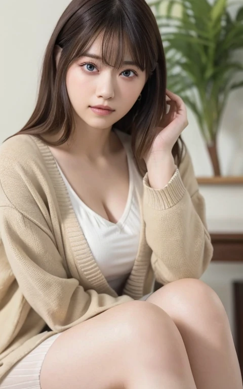 masterpiece, highest quality, 8k, 20th Generation, Large Breasts, cute, alone, sad, cute, Girlish, Delicate girl, Pure beauty,  RAW Photos, Professional photography, Portraiture, Soft Light, Professional Lighting, Backlight, Head to Knee, avert your eyes, Sophisticated, Film Grain, (Eyes and facial details:1.0), Short floating hair, Beautiful, flowing hair, bangs, (Loose cardigan(Beige))、(Large Breasts:1.0)、You can see a little cleavage、Micro Mini Skirt、Voluptuous thighs、Dolly Makeup、Color Contact Lenses、One green eye、The other has blue eyes