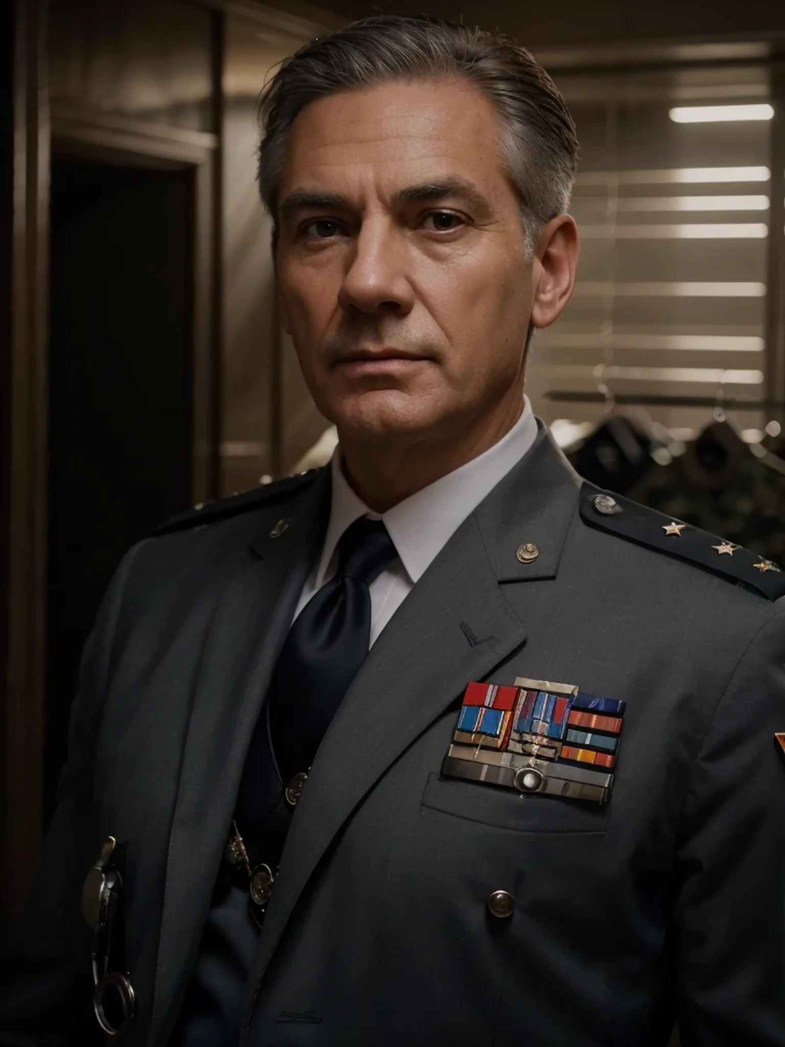 military old man, mature british old man masculine face serious expression, he only has hair on the sides, gray hair, he wears a blue officer's uniform, medals on his uniform, he is inside a modern military office, Ultra detailed, hyper-realistic , 4k, Ultra detailed image, realistic, Highly detailed, perfect composition, Splendid, Intricately detailed, Incredibly detailed, 8K fine art photography, hyper detailed, Masterpiece, Ultra detailed, hyperrealistic, 4k, Ultra detailed image, realistic, highly detailed, perfect composition, gorgeous, intricately detailed, incredibly detailed, 8K fine art photography, hyper detailed, masterpiece