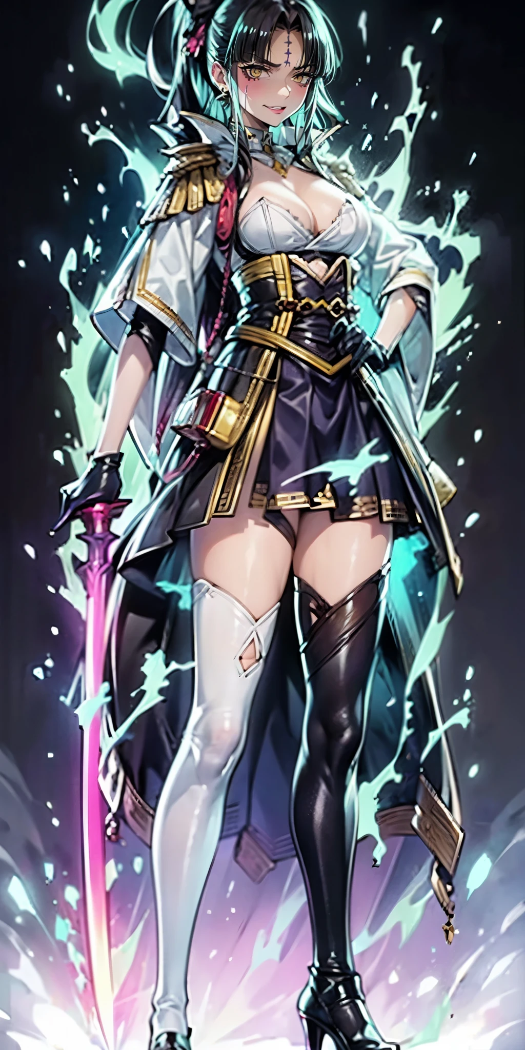 (long hair:1.3), (black hair:1.3), forehead, forehead mark, anatomically correct, heavy breathing, huge breasts, breast press, 1girl, weapon, sword, thighhighs, solo, blue_eyes, breasts, full_body, ponytail, bangs, jewelry, standing, dress, holding_weapon, gloves, holding, short_dress, looking_at_viewer, earrings, long_hair, closed_mouth, cleavage, white_legwear,michiko_tanaka_mahoushoujoniakogarete,michiko tanaka, (shaded face:1.2), hollow eyes, yellow eyes, looking at viewer, (heavy breathing:1.2), smirk, upper teeth, forehead mark, makeup, 