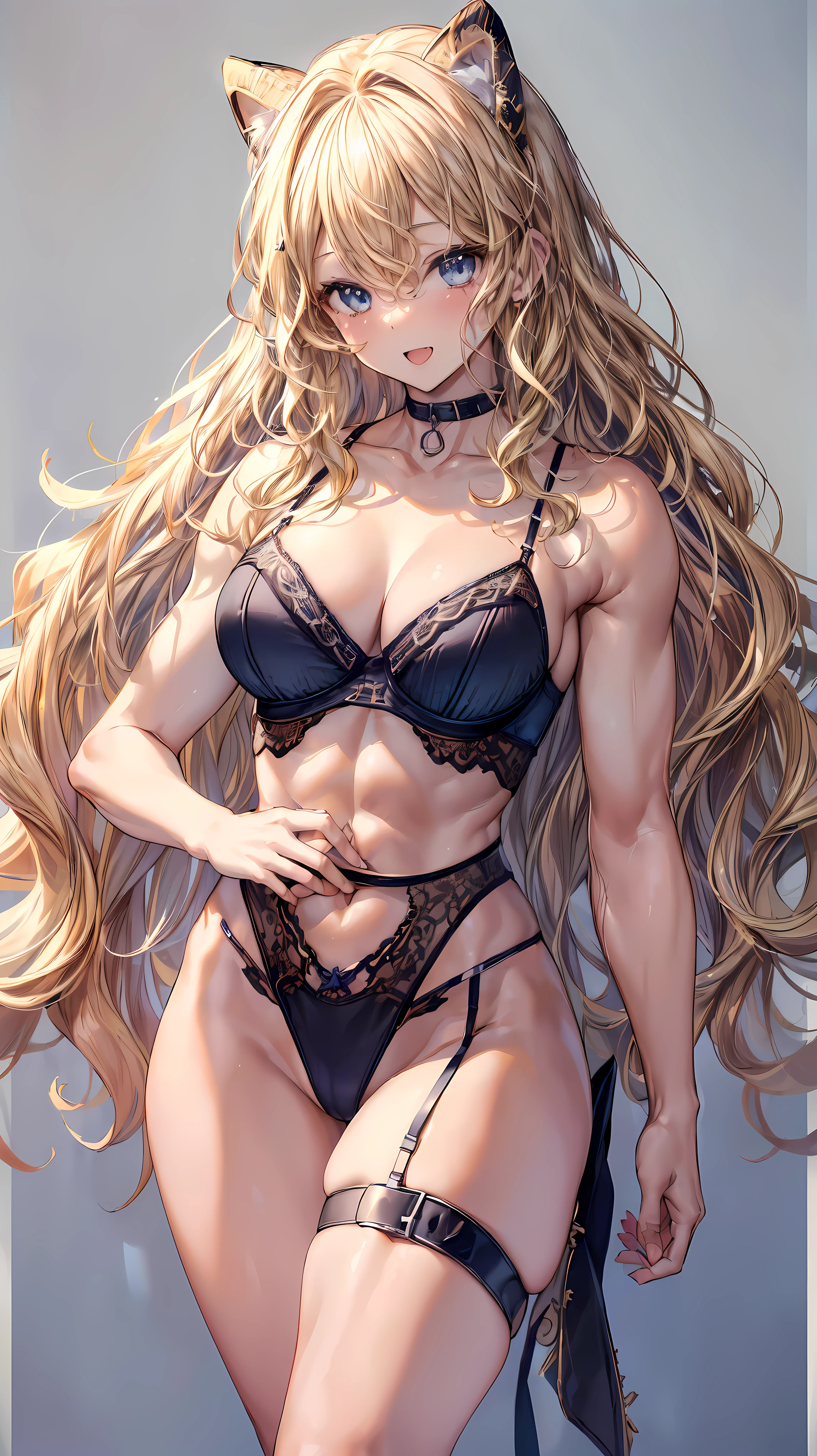 (Adult women:1.5)、Very detailed、highest quality、Best image quality、masterpiece、8k、Anime Face、A kind smile、(Open your mouth:1.3)、Sparkling blue eyes、(Blonde Wavy Hair:1.5)、、Muscles of the whole body、(High leg:1.5)、Thigh belt、(Wearing lingerie:1.5)、(Cowboy Shot:1.5)、SFW Giant