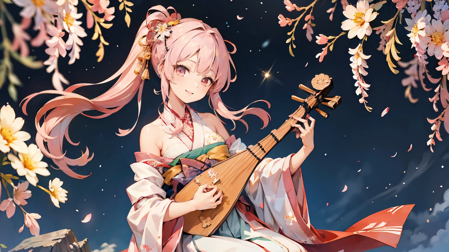 A beautiful woman holds a shamisen, smile,Flat Chest, Chest overview, Japanese kimono Straight pink long hair,Pink Hair, Off-the-shoulder tops, Petals in full bloom, highest quality, 8k,Official Art