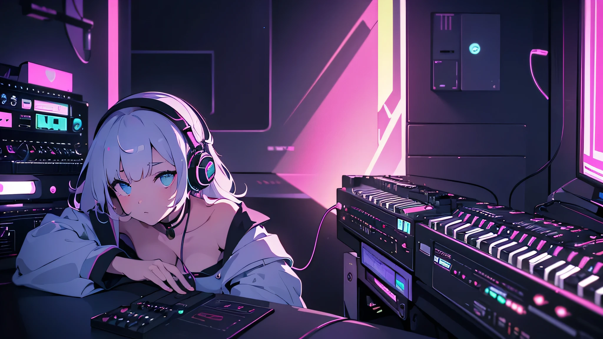 Best quality, (masterpiece:1.2), best detail face,1 girl, good breasts, 18 yo, 8k,absurdres,unity 8k wall paper,(extremely detailed:1.3), highest realistic, (headphones:1.1), (soft neon light:1.1), (floating hair:1.2), (psychedelic:1.2), Her room full of music equipment, loungewear, (((playing retro synthesizer))), Neon Hollow