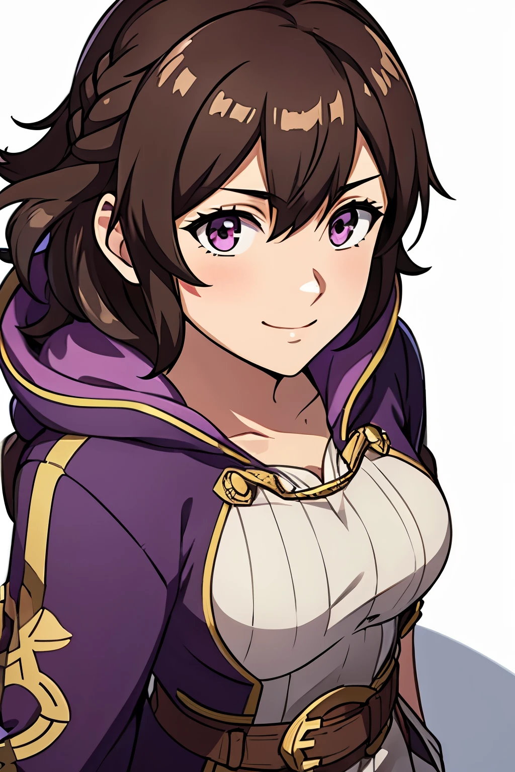 (high-quality, breathtaking),(expressive eyes, perfect face) 1girl, female, solo, portrait, Fire Emblem Awakening, Symmetrical Eyes, white background, Robin (Fire Emblem: Awakening), dark Brown hair color, short hair length, messy wavy hair, hair ornament, upper body, pink eyes, Black and purple robe, gold trim, hood, white shirt, brown belt, tomb, positive expression, cute smile, detailed eyes, adorable face, short height, Arms down, female robin (fire emblem), dark brown hair, braided bang, ribbon in hair, character portrait, character sprite
