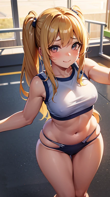 Ultra realistic 7 year old girl, pigtail hair golden, top regular breasts, sexy, smug face, sonrisa ganadora, posando, school gym, nice view, mojada, (sudada), concentrada, volleyball, tight panties, inclinada, sport bra, exposed breasts, no panties, bosom barely contained, full body, defined, pezones excitados, panties ligeramente caida, over average good bosom, first place, linda
