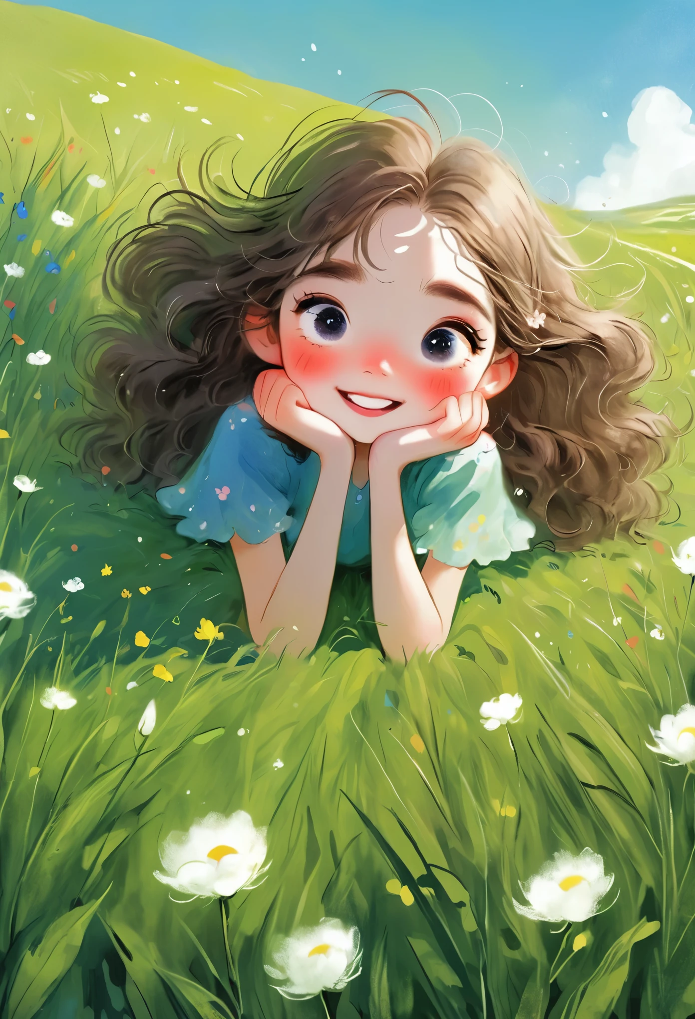 (masterpiece, best quality:1.2), 1 Girl, Solitary, big eyes，Fluffy hair， hapiness，happy，comfortable，grassland，Rough texture，Hand-drawn style，