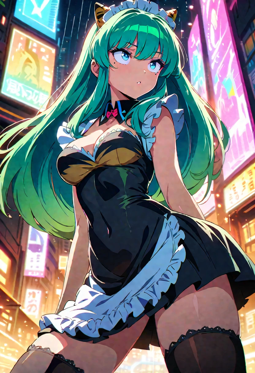 lum, long hair, breasts, blue eyes, eyeshadow, green hair, tiger-stripped horns, night, Colorful cyberpunk city background, Cyberworld, rain, street, housemaid, Brilliant eyes, black stockings, with backlight, shine, looking for an audience, Low-angle lens, looking into the lens, perfect composition, Perfect delicacy of light and shadow, mole under eye, rolling eyes, Pop art, anime style, ray tracing, 8K, best quality, high quality, super detail, highres