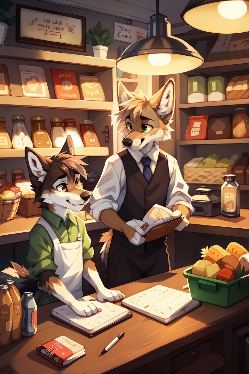 full body,Male,coyote,grocer,old time grocery store,White apron with green checkered sleeves and blue tie,Green Shirt,Groceries on shelves in background,notebook,In the old time grocery store,There are cans on the shelf at the back,There is an old time cash register on the counter,old time incandescent lamp,scale,There is an old-fashioned steelyard on the counter, ((by keihound, by reysi)), by Zackary911, by hyattlen, by fumiko, by fluff-kevlar, Furry, Anthro,